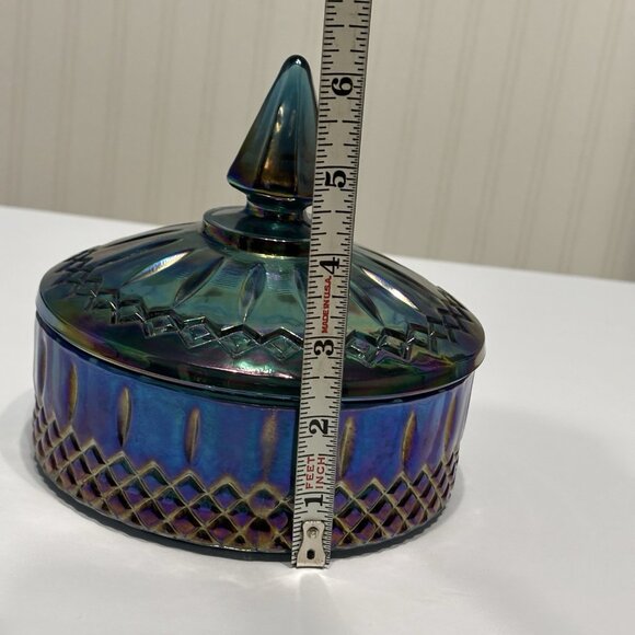 Vintage Indiana Glass Iridescent Blue Candy Dish With Lid Princess Pattern - Picture 11 of 12
